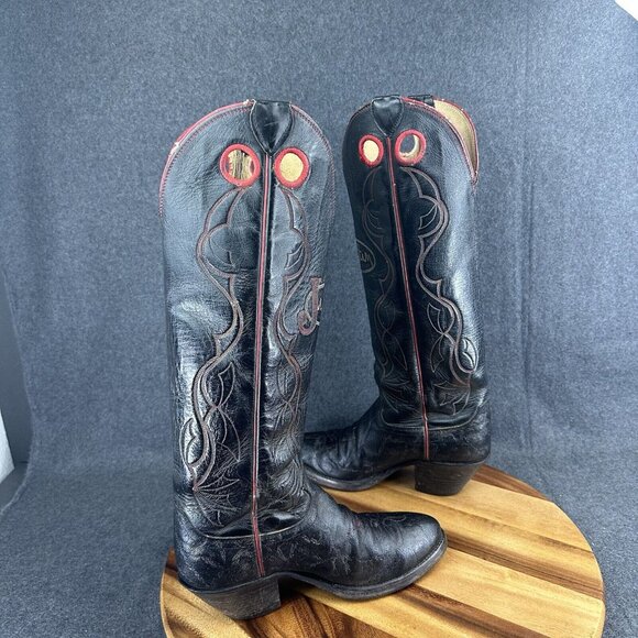 Vtg Justin Tall Elephant Print Spellout Buckaroo Leather Boots Black Red 6.5D - Picture 7 of 12